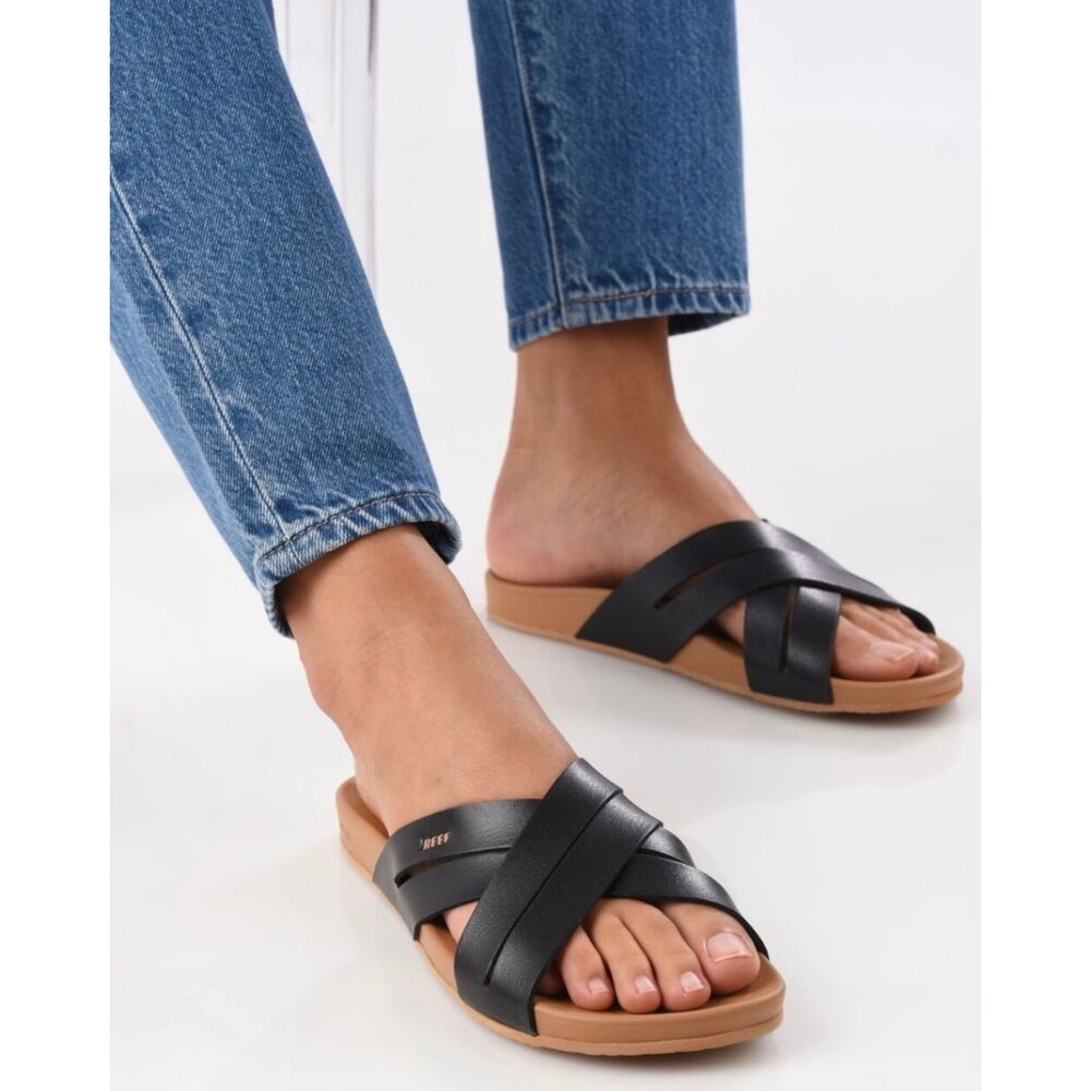 Reef Cushion Spring Bloom Slide Sandals Black Women’s 8.5 Beach Resort NWT - Picture 2 of 8